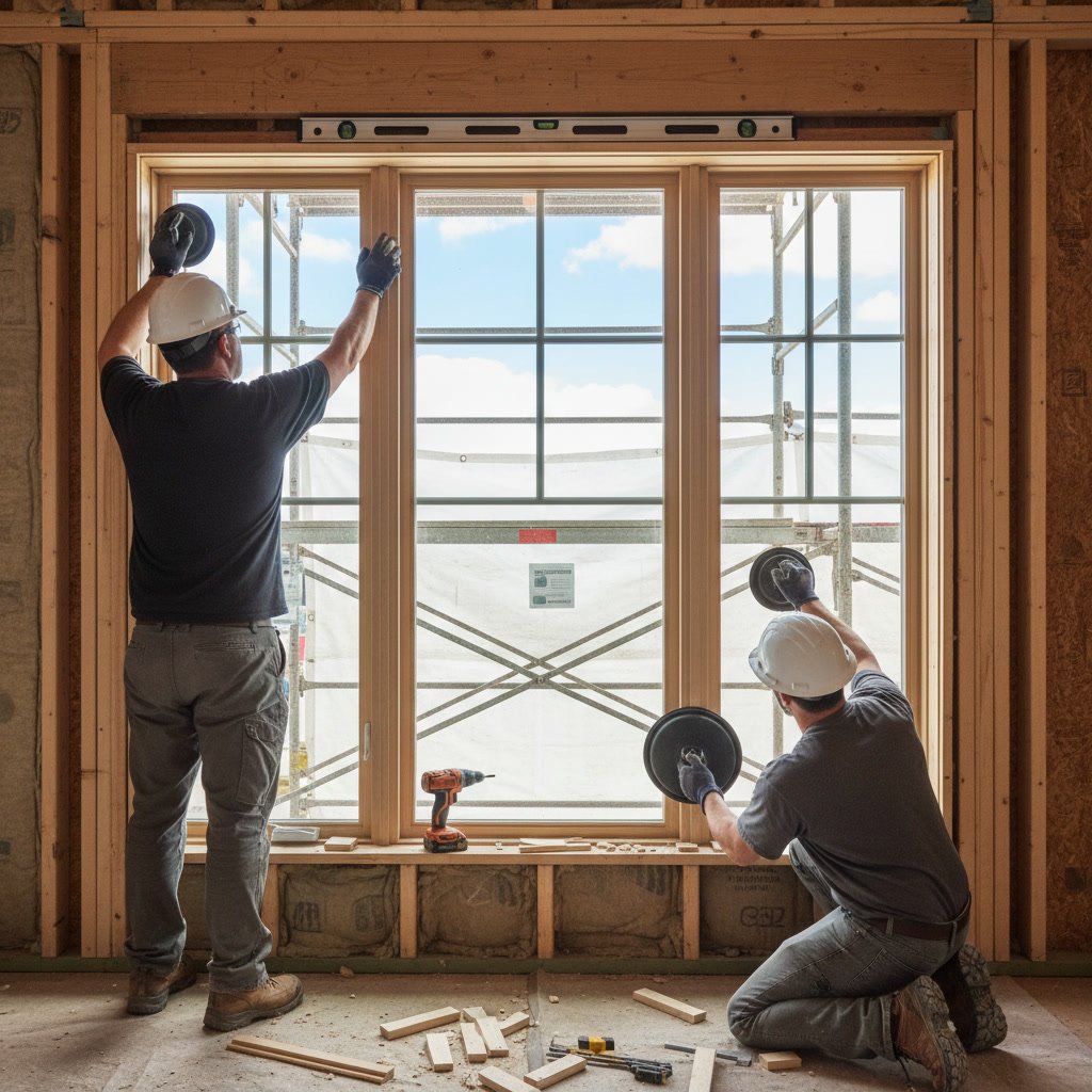 New window being leveled and secured in rough opening