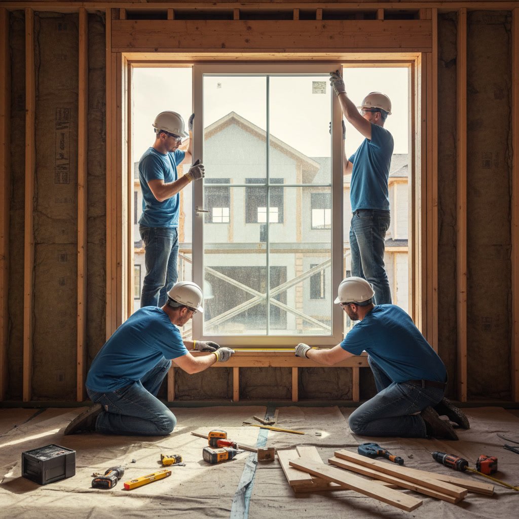 Professional window installer measuring and preparing for window installation